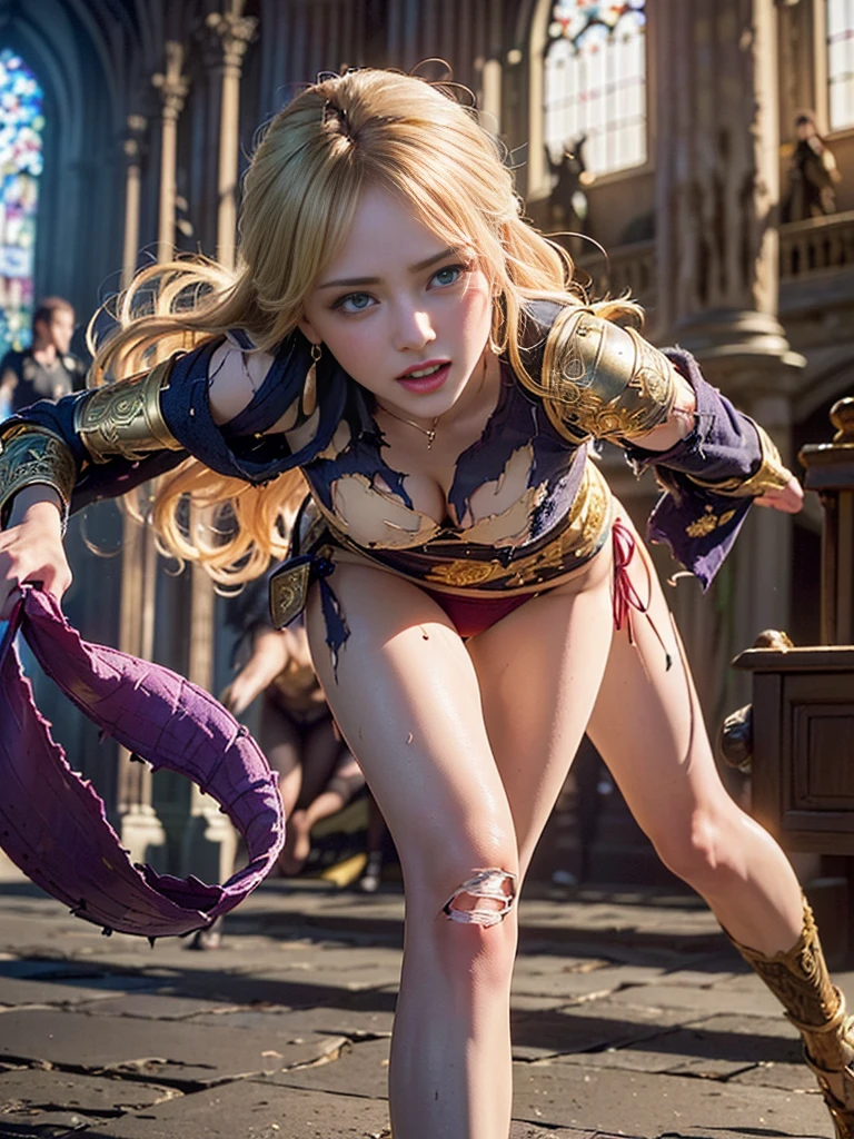 (((masterpiece, best quality))),(((high quality))),(((high resolution illustration))),(((hyper detail))),NSFW,(((Wordsworth's Sharon))),(((Very beautiful long blonde hair))),(((Very beautiful face))), ((((Detailed face)))),(((very beautiful blue eyes))),(((Realistic Skin))),(((her face is flushed))),(((slim body))),(((slim thighs))),(((small ))),(((very beautiful slender legs))),(((deep red and gold armored dress armor with extremely detailed and intricate decoration:1.5))),(((purple side-tie pantiesxtremely detailed and intricate decoration:1.5))),(((beautiful earrings))),(((beautiful hair ornaments))),(((Late at night in the gt hall of a luxurious medieval castle:1.4))),(((late at night:1.4))),(((wher skin))),((Sharon is crying with tears streaming down her face:1.4))),,(((Her right hand is holding a sword:1.2))),(((Sharon is running away from many monsters:1.2))),(((Sharon is being chased by many monsters:1.5))),(((torn clothes:1.7)))