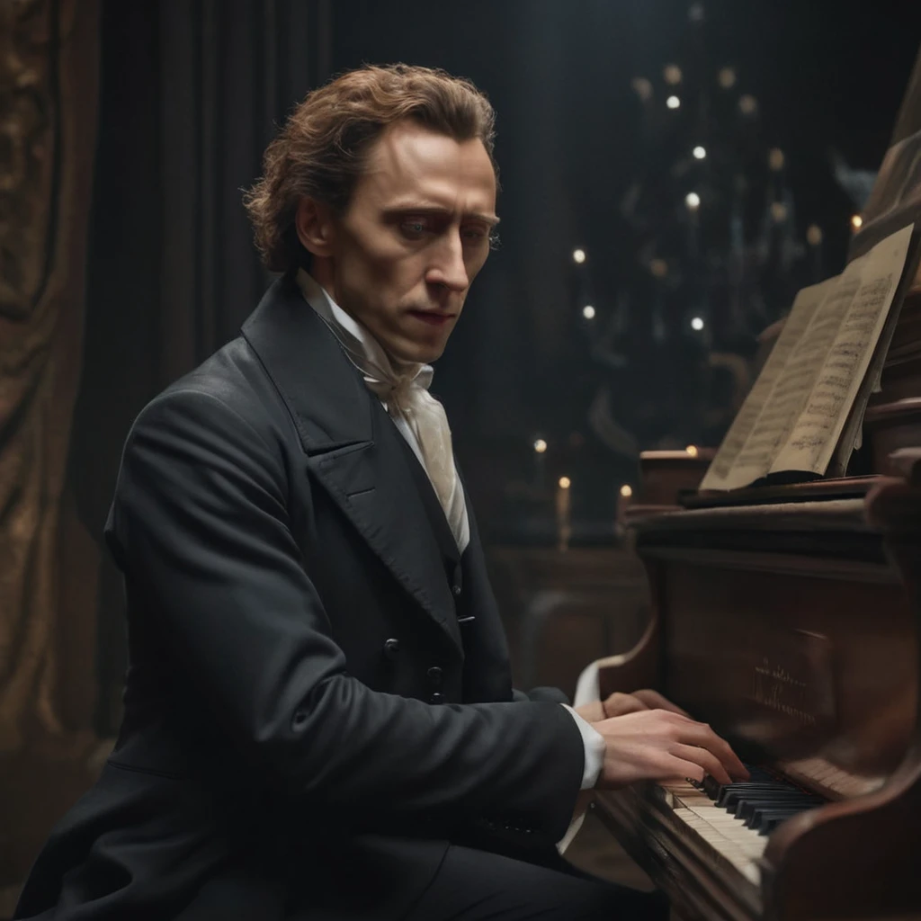 man Frédéric Chopin, man in a suit playing the piano in a dark room, Tom Hiddleston as Count Dracula, Kramskoy 4k, composer, inspired by Illarion Pryanishnikov, 2 0 1 8, 2018, stone, february), mickael lelièvre, biopic, still from a live-action film, alexandre chaudret