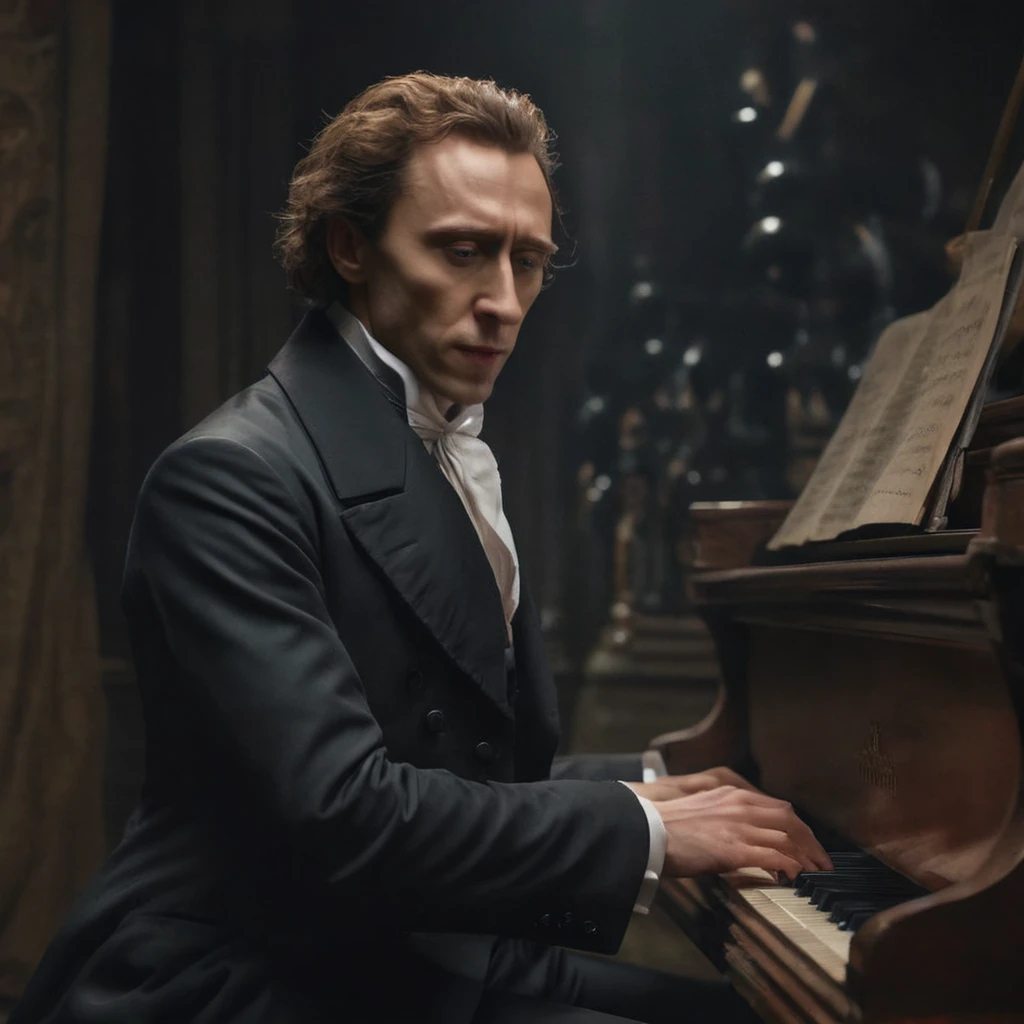 man Frédéric Chopin, man in a suit playing the piano in a dark room, Tom Hiddleston as Count Dracula, Kramskoy 4k, composer, inspired by Illarion Pryanishnikov, 2 0 1 8, 2018, stone, february), mickael lelièvre, biopic, still from a live-action film, alexandre chaudret