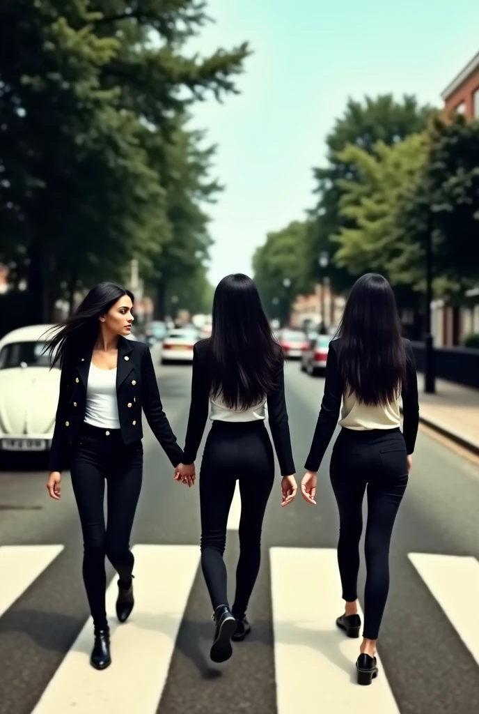 an image that resembles the iconic album cover of the beatles "abbey road", (solo) 3 woman with long black hair, wearing a black jacket, white shirt, black pants, black shoes, walking across the zebra crossing in abbey from left to right with her head turned towards the cameraman, there is a classic white Volkswagen Beetle parked on the road on the left and further down the road on the right side there are more cars and trees lining the road. This image is very famous and often imitated in popular culture,