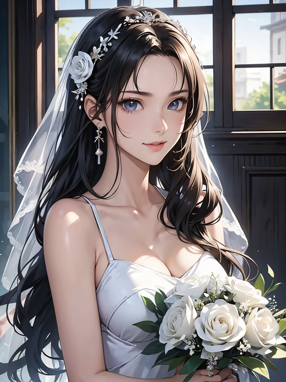 High resolution, 8k, Highest quality, detailed, Semi-realistic anime, Anime 3D Style, Smooth anime CG, One Girl, 20 year old Japanese woman, slim, Modeled, Shiny Hair, detailedな顔, Beautiful and detailed, Glowing Skin, Hard Focus、Film Grain, Soft lighting, Looking at the audience, Laughter,white、Ocean、Droopy eyes、Brown eyeballs on face、smile、Woman in prom dress、Long Hair Woman、detailedな顔、Clear Face、Mole、bouquet、(bride)