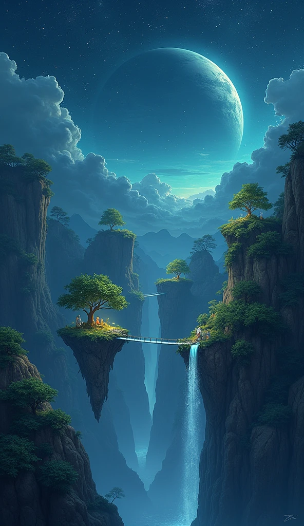 Setting: A fantastical night sky with floating islands.Details: Small, lush islands float in the sky, connected by delicate bridges of light. Each island has its own small tree or garden, glowing softly in the night. Stars and planets are scattered across the sky, with a giant planet looming large in the distance. Waterfalls cascade from the islands, disappearing into the night