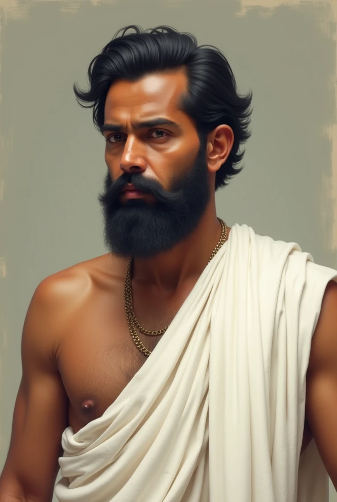 Gopabandhu Das black hair and black beard. He covered his chest with white dhoti