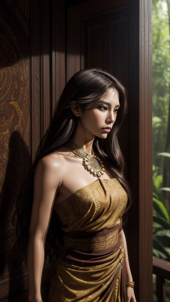 (A Regal 30-Year-Old Southeast Asian Female Royalty), (Long Brunette Hair:1.2), (Brown Eyes), (Exotic Fair Skin), (Wearing Dark Brown, Batik-Patterned Shoulderless Dress:1.4), (Lush Rainforests), (Elegant Pose:1.4), Centered, (Half Body Shot:1.4), (From Front Shot:1.4), Insane Details, Intricate Face Detail, Intricate Hand Details, Cinematic Shot and Lighting, Realistic and Vibrant Colors, Sharp Focus, Ultra Detailed, Realistic Images, Depth of Field, Incredibly Realistic Environment and Scene, Master Composition and Cinematography