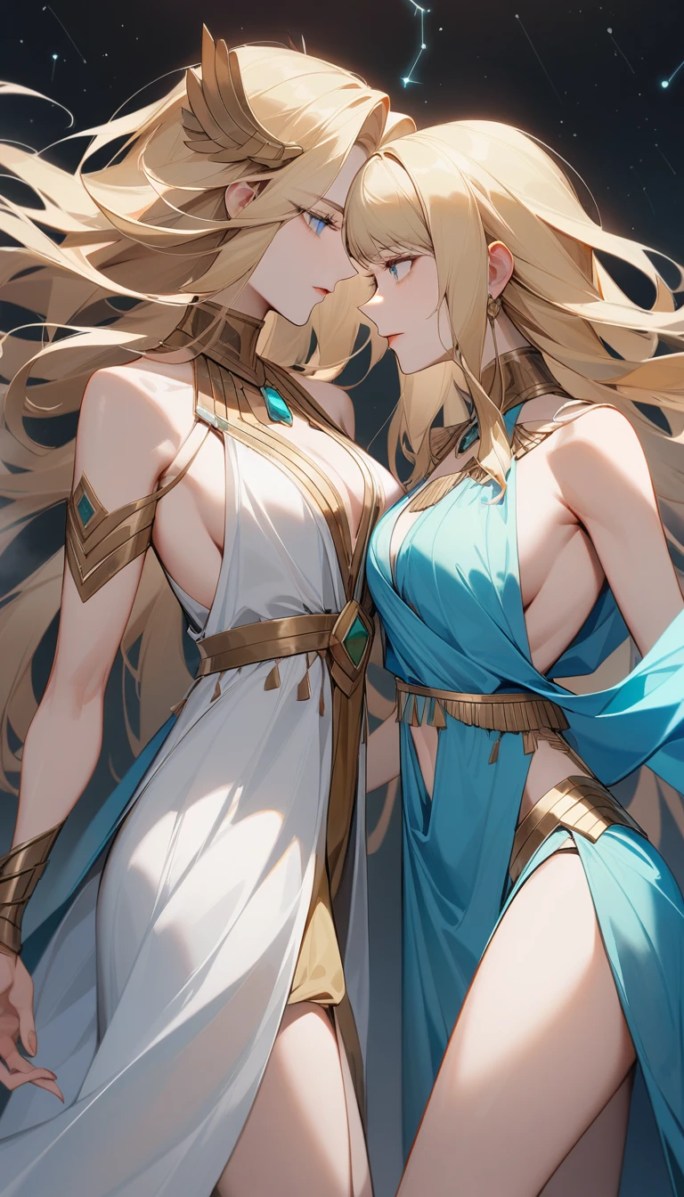 (Huang Li、high quality、Extremely detailed),Constellation - Gemini Goddess,A pair of sisters,Two goddesses face to face,Similar to Latin goodness,brave,capricious,Productivity,The face of enterprising and humanitarianism,Blonde Hair,Ancient Greek costumes、Wrap Dress,background is heavenly,Light crystal blue eyes(Eyes Details),Powerful appearance