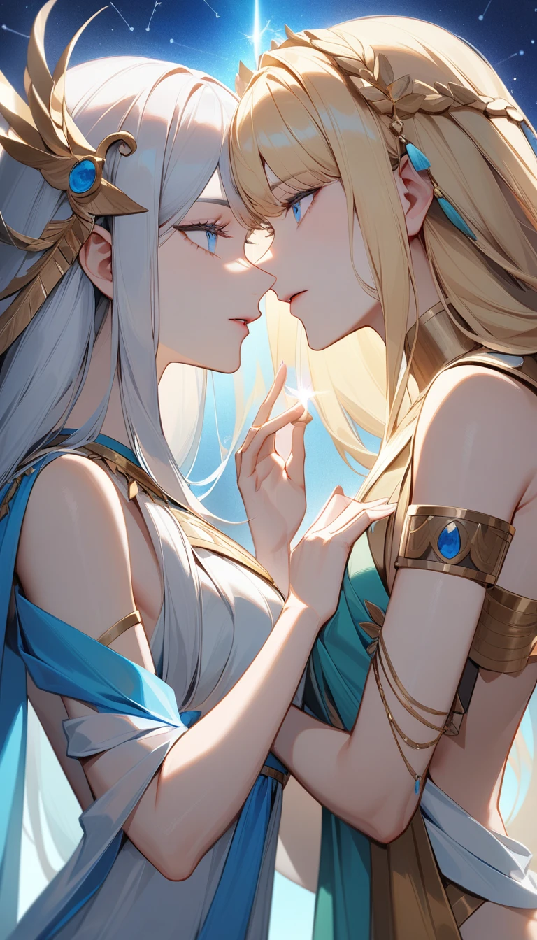 (Huang Li、high quality、Extremely detailed),Constellation - Gemini Goddess,A pair of sisters,Two goddesses face to face,Similar to Latin goodness,brave,capricious,Productivity,The face of enterprising and humanitarianism,Blonde Hair,Ancient Greek costumes、Wrap Dress,background is heavenly,Light crystal blue eyes(Eyes Details),Powerful appearance