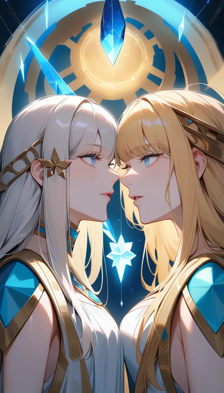 (Huang Li、high quality、Extremely detailed),Constellation - Gemini Goddess,A pair of sisters,Two goddesses face to face,Similar to Latin goodness,brave,capricious,Productivity,The face of enterprising and humanitarianism,Blonde Hair,Ancient Greek costumes、Wrap Dress,background is heavenly,Light crystal blue eyes(Eyes Details),Powerful appearance