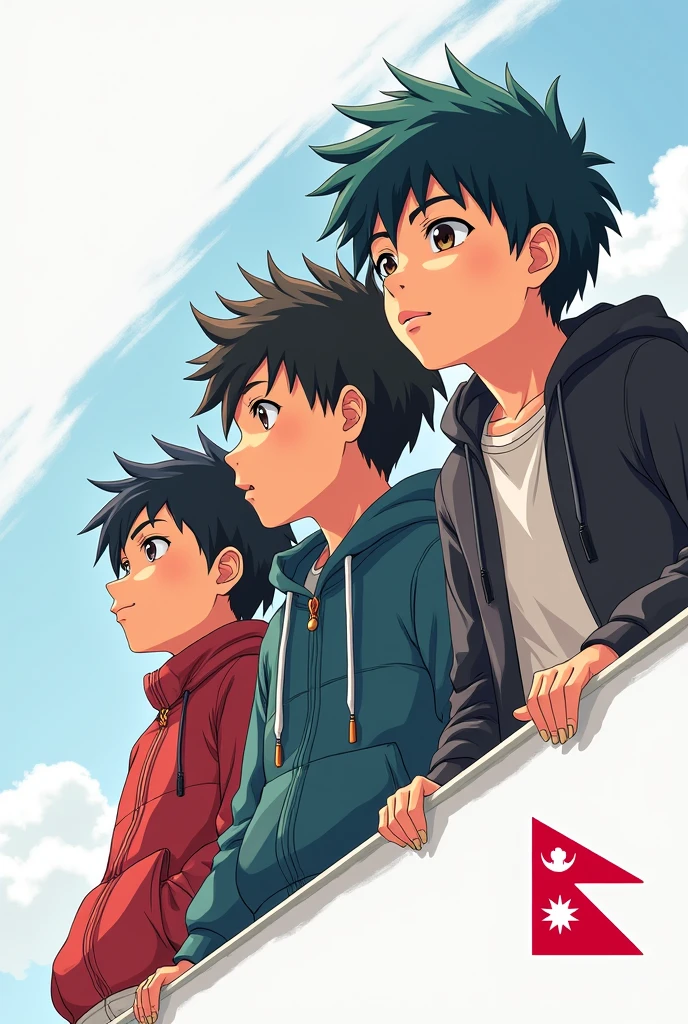 One anime 3 boys look right and down side Write Nepali Brand