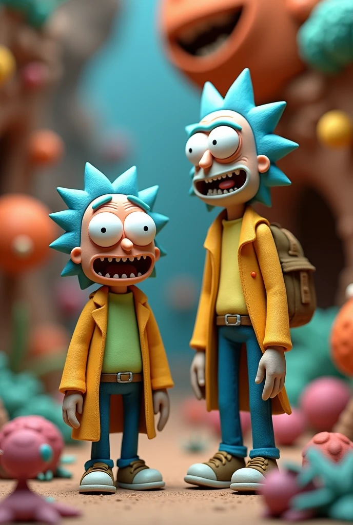 (best quality, masterpiece 1.2) puppet Rick and Morty. (Morty in yellow t-shirt and blue pants) sepia, grainy, creepy environment. morning light pours through the window. Rick and Morty - ((best quality)), ((masterpiece)) (detail), 8k, raw photo, glamor shot, cinematic.

