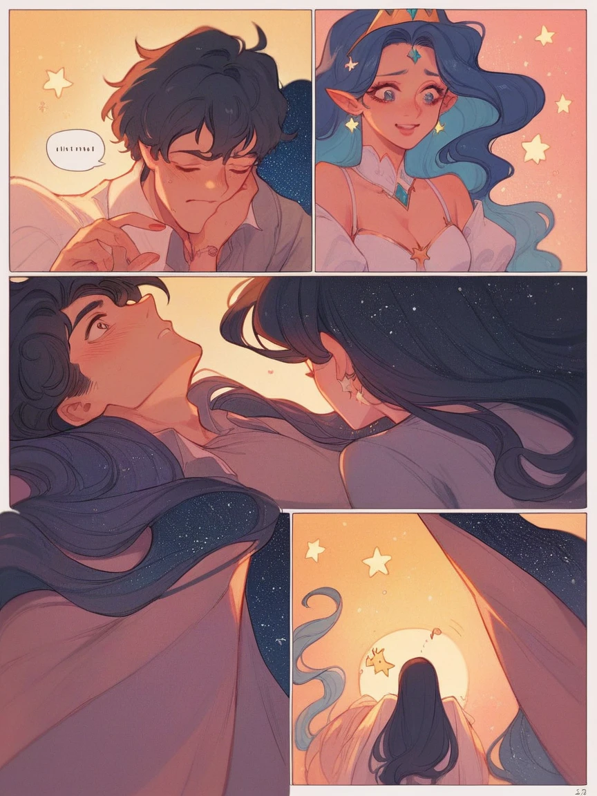 score_9, score_8_up, score_7_up, score_6_up, p4n3ls, 1girl, 1boy, stars, long hair, panels, (8k, best quality, master piece: 1.2),super high resolution,A page of a soft pastel colored comic book divided into frames、A princess falls in love with a demon、speech bubble、Powerful girl manga style