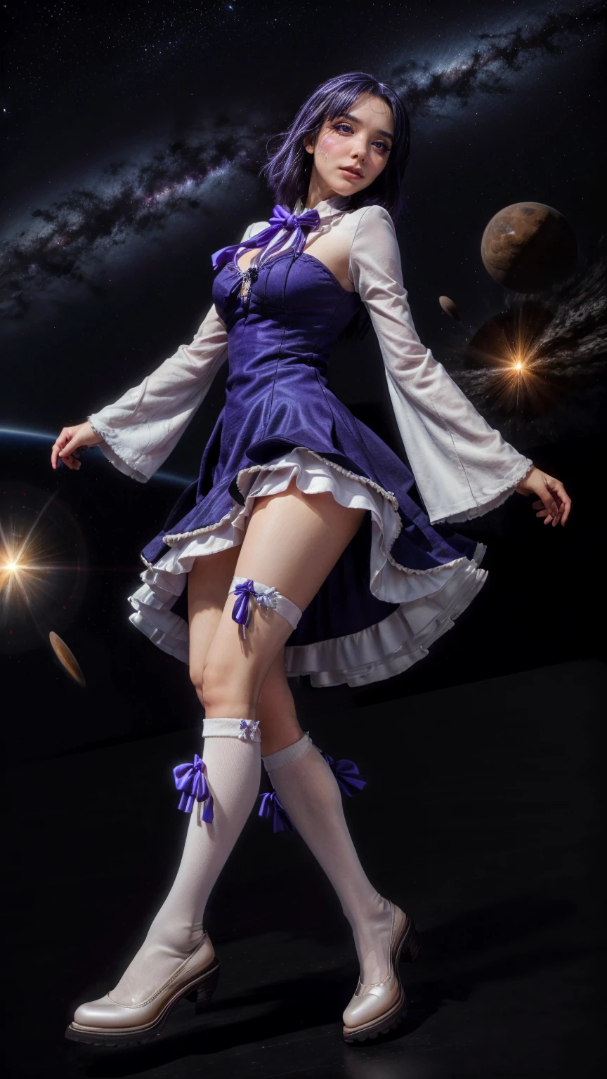 (1 lady), (Best quality at best:1.4), (ultra - detailed), (extremely detailed CG unified 16k), A Beautiful Woman with Perfect Figure: 1.4, Sharp Focus: 1.2, purple hair, very detailed, High-definition RAW color photo, professional photoshooting, amazing face and eyes, cosmetics, (amazingly beautiful girl), ((frederica bernkastel)), Bethcast, ((exact clothes: dress, bowtie, mary janes, socks, cat tail, tail bow, tail ornament)), levitating in a cute posture, (floating in space), (She's levitating in a cosmic sea, outer space:1.3, quantum hyperspace room lacking walls, hyperspace chamber, extremely detailed background, a lot of details background, realistic background), (look from above), realistic cinematic face, head to feet long wide zoomed out view, full body long view, photorealistic, ((realistic natural purple hair style, purple eyes)), gorgeous, extremely beautiful face, perfect model beauty, pout mouth, Highly Detailed Face and Skin Texture, Detailed Eyes, Double Eyelids, Big Breasts, Expressionless, (masterpiece), best quality, high resolution, extremely detailed, cinematic lighting, amazing legs, high heels, clear and well-cared skin, pale skin, frederica bernkastel exact dress: 1, black and white dress: 1, the dress is long enough to cover both knees