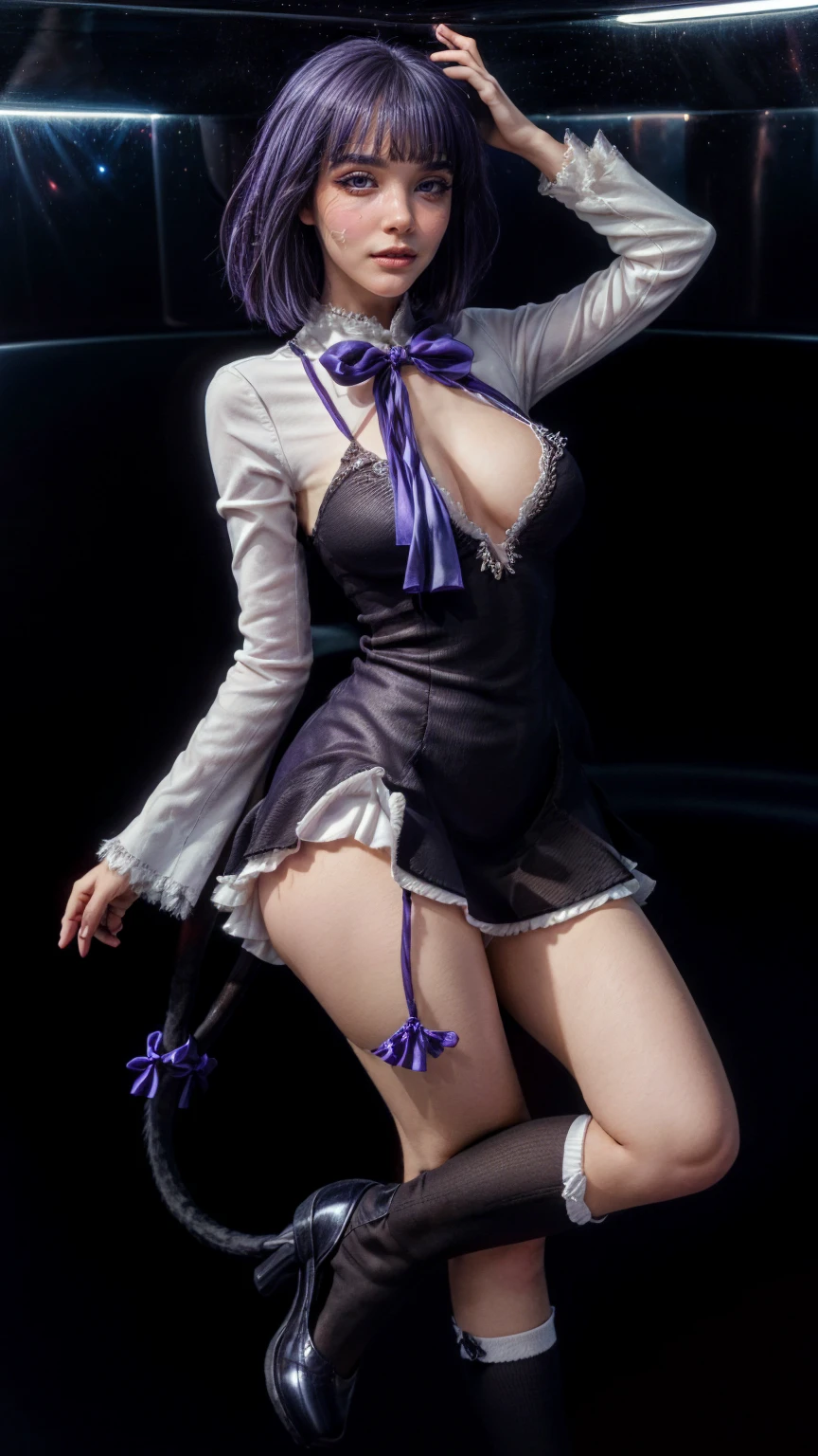 (1 lady), (Best quality at best:1.4), (ultra - detailed), (extremely detailed CG unified 16k), A Beautiful Woman with Perfect Figure: 1.4, Sharp Focus: 1.2, purple hair, very detailed, High-definition RAW color photo, professional photoshooting, amazing face and eyes, cosmetics, (amazingly beautiful girl), ((frederica bernkastel)), Bethcast, ((exact clothes: dress, bowtie, mary janes, socks, cat tail, tail bow, tail ornament)), levitating in a cute posture, (floating in space), (She's levitating in a cosmic sea, outer space:1.3, quantum hyperspace room lacking walls, hyperspace chamber, extremely detailed background, a lot of details background, realistic background), (look from above), realistic cinematic face, head to feet long wide zoomed out view, full body long view, photorealistic, ((realistic natural purple hair style, purple eyes)), gorgeous, extremely beautiful face, perfect model beauty, pout mouth, Highly Detailed Face and Skin Texture, Detailed Eyes, Double Eyelids, Big Breasts, Expressionless, (masterpiece), best quality, high resolution, extremely detailed, cinematic lighting, amazing legs, high heels, clear and well-cared skin, pale skin, frederica bernkastel exact dress: 1, black and white dress: 1, the dress is long enough to cover both knees