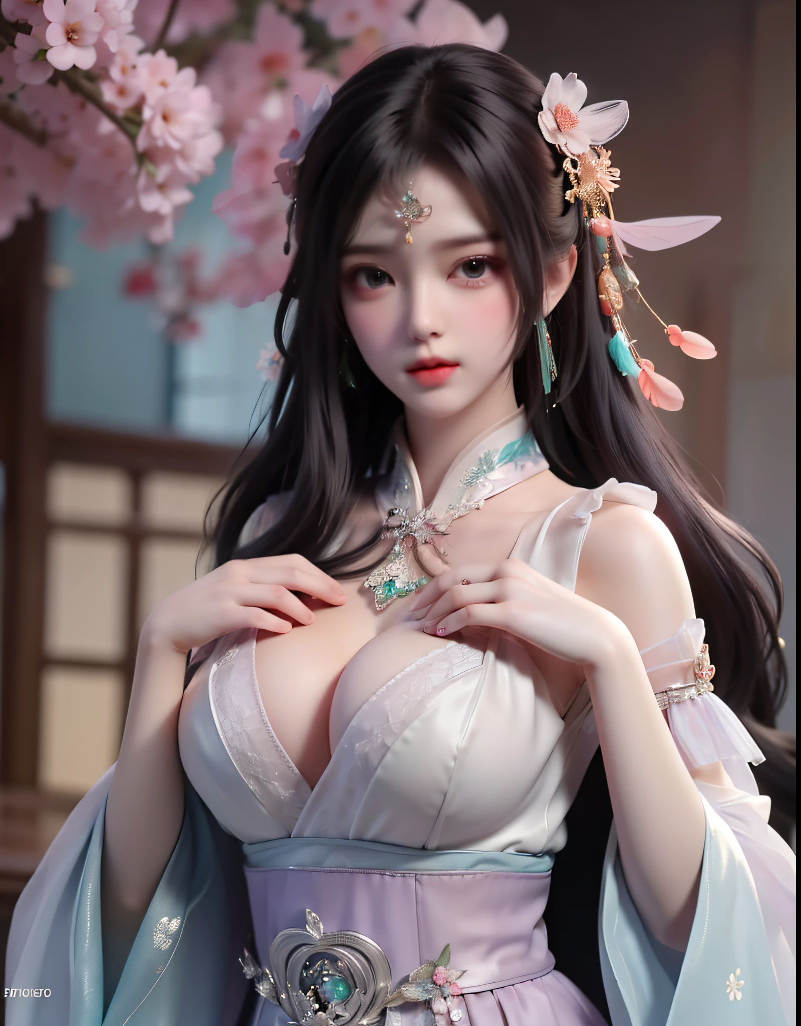 sexually provocative( 8k, RAW photo:1.2), best quality, ultra high res,dramatic angle,(fluttered detailed color splashs), (illustration),(((godess young))),(long hair),(rain:0.9), (Headdress:1.4),There is an ancient palace beside the girl,Hanfu,(Key Points),Color ink painting,(Splash of Color),Splash of Color,(((colorful))),(sketch:0.8) , Masterpiece, best quality, beautiful painted, highly detailed,(denoising:0.6),[splash ink],((ink refraction)), (beautiful detailed sky),moon,highly,detaild,(masterpiece, best quality, extremely detailed） CG Unity 8k Wallpaper，masterpiece，best quality，Ultra Detailed），（Lycoris）. hanfu open v open V-chested clothes Thin silk lace dress , (huge ，cleavage),, white pink and gren，best qualtiy，tmasterpiece，Ultra-high resolution，（Reality：1.4），RAW photogr，（True skin texture：1.3），（filmgrain：1.3），（Selfie angle），1个Giant Breast Girl，Beautiful eye and face details，tmasterpiece，Best quality at best，，The chest more exposed， detailed bra purple and green , detail 8k, upper body, lace petticoatfishnet stockings