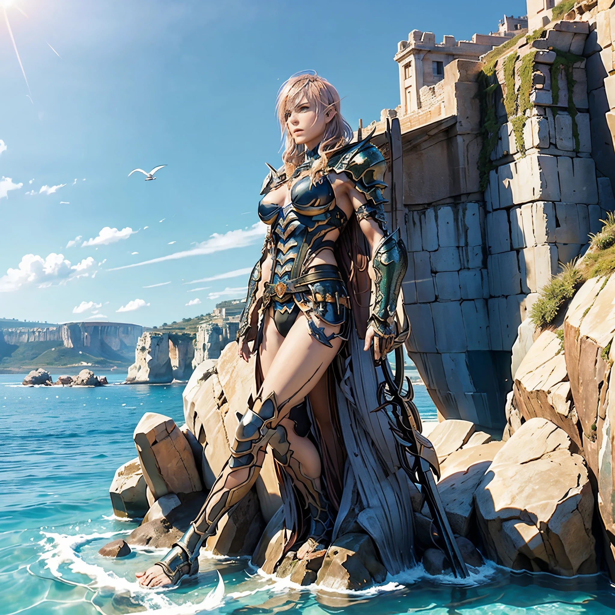 8k image, super realistic, One Giant Muscle Colossus of Rhodes All in bronze, looking at ocean with legs spread on two rocks and the sea passing between your feet, holding one sword of Conan with his right hand, with gladiator armor on ful body, with head gladiator armor, perfect face, perfect hands, at the entrance to the port of Santos in the country Brazil, with perfect naked womans on the beach, with perfect seagulls flying in the background, boats passing between the legs of the Colossus of Rhodes. Sunny day.