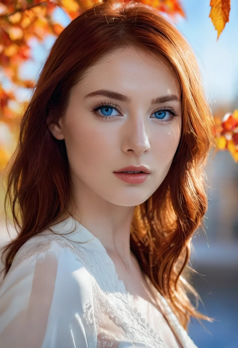 "(Ultra resolution 8K), The best possible image, beautiful woman, redhead, beautiful face, beautiful face, blue eyes , fine rostrum, very delicate face, White skin, Caucasian European, bodycon suit, sexy red suit" dreamy background, autumn light