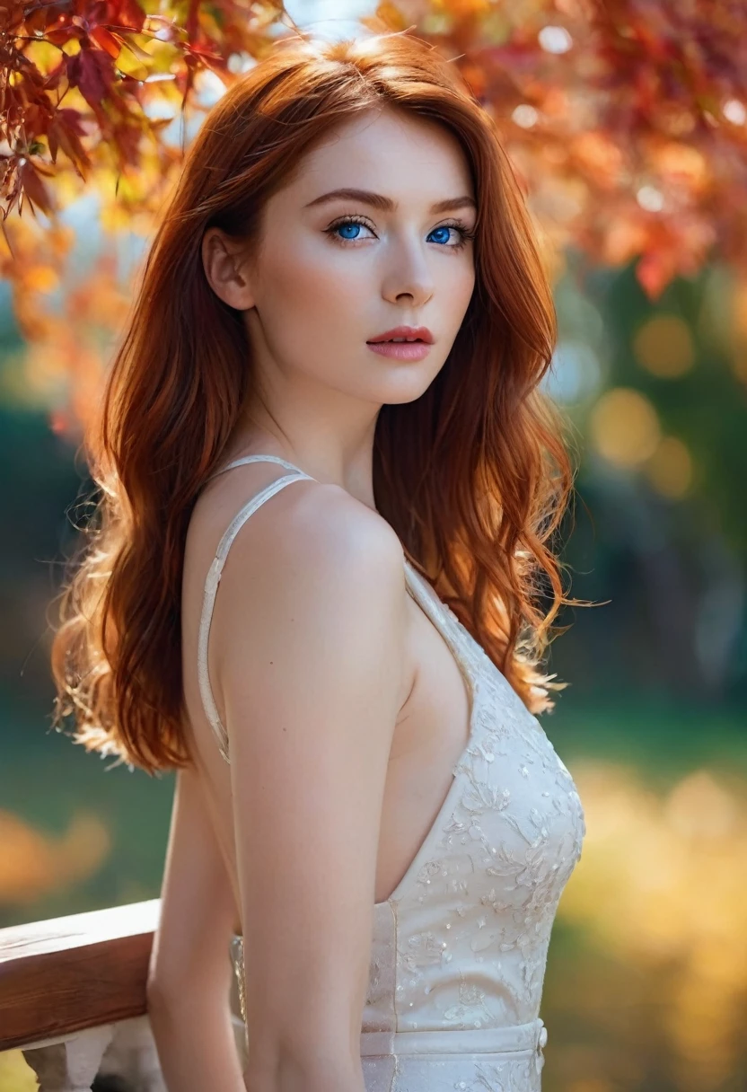 "(Ultra resolution 8K), The best possible image, beautiful woman, redhead, beautiful face, beautiful face, blue eyes , fine rostrum, very delicate face, White skin, Caucasian European, bodycon suit, sexy red suit" dreamy background, autumn light