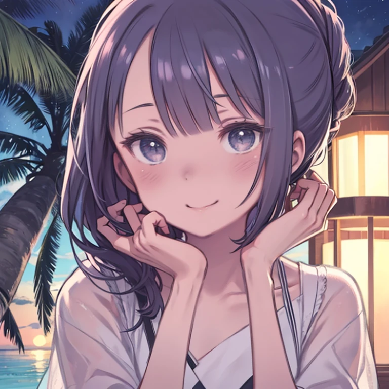 masterpiece、Rainbow Hair、Delicate eyes、smile、Hair tied up、Beautiful hair ornaments、Upper Body、(((Place your cheek on your hand)))、night、Ocean、Palm tree