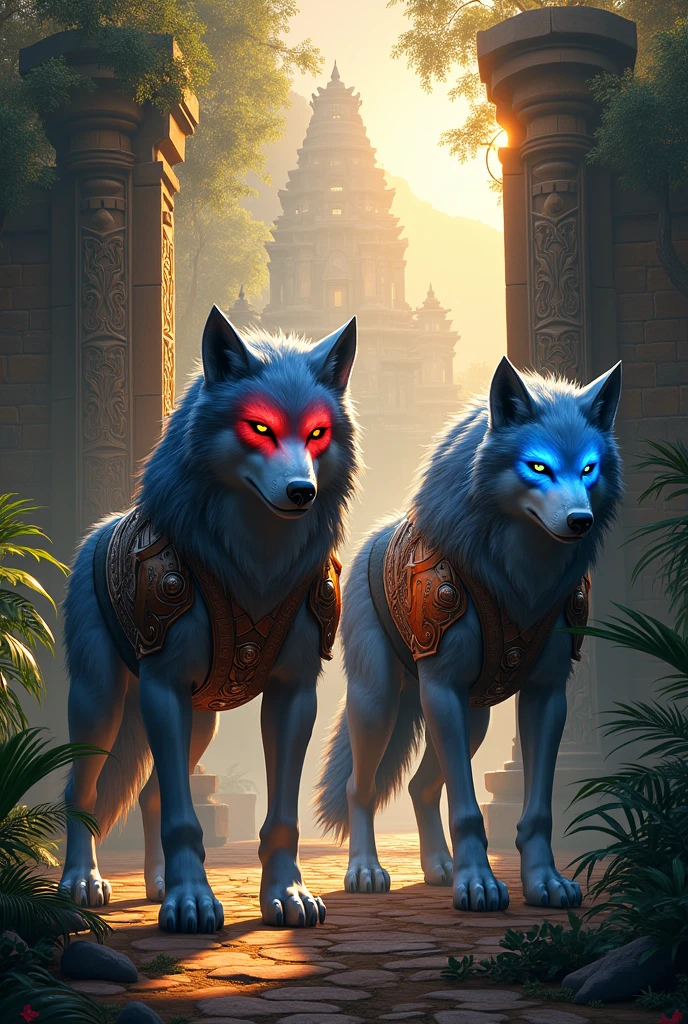 Big blue mixed red eyes armoured wolves guarding the temple gate inside the jungle and sunset