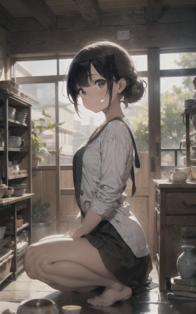 "A serene workshop bathed in dawn light, where a potter sits in meditation before their magnum opus. The piece seems to radiate harmony, perfectly balancing form and function."
theme:Achieving harmony