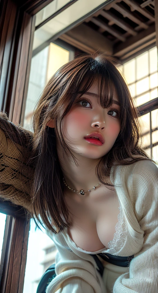 masterpiece, Bokeh, (Beautiful detailed face), (Perfect hands), (Japanese Idols:1.6), (suit:1.3), (Ultra-realistic pantyhose:1.3), (Sit at the top of the tower:1.3),( Balcony of a high rise apartment:1.3), (Blushed:1.3), High heels, (From below:1.5), Beautiful mature woman, (Obscene and extremely large breasts bigger than a face:1.95, Chest gap), (Big eyes that exude beautiful eroticism:0.8, Adult charm:0.8, Fascinating:0.8), necklace, Earrings, bracelet, Highly detailed and accurate hands and fingers, ((She has a very cute baby face and a pure and sexy expression.)), ((Extremely accurate anatomy))