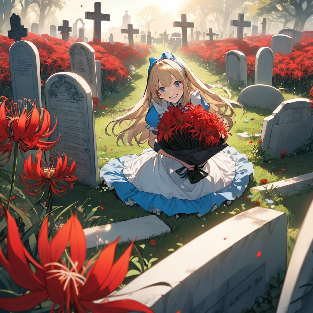 A masterpiece, boldly drawn anime-style illustrations, detailed drawings, humorous and crazy, cinematic lighting, a cemetery, Alice, the heroine of "Alice in Wonderland", visiting a grave, holding a bouquet of red spider lilies in both hands. An invincible smile, even the dead are delighted.