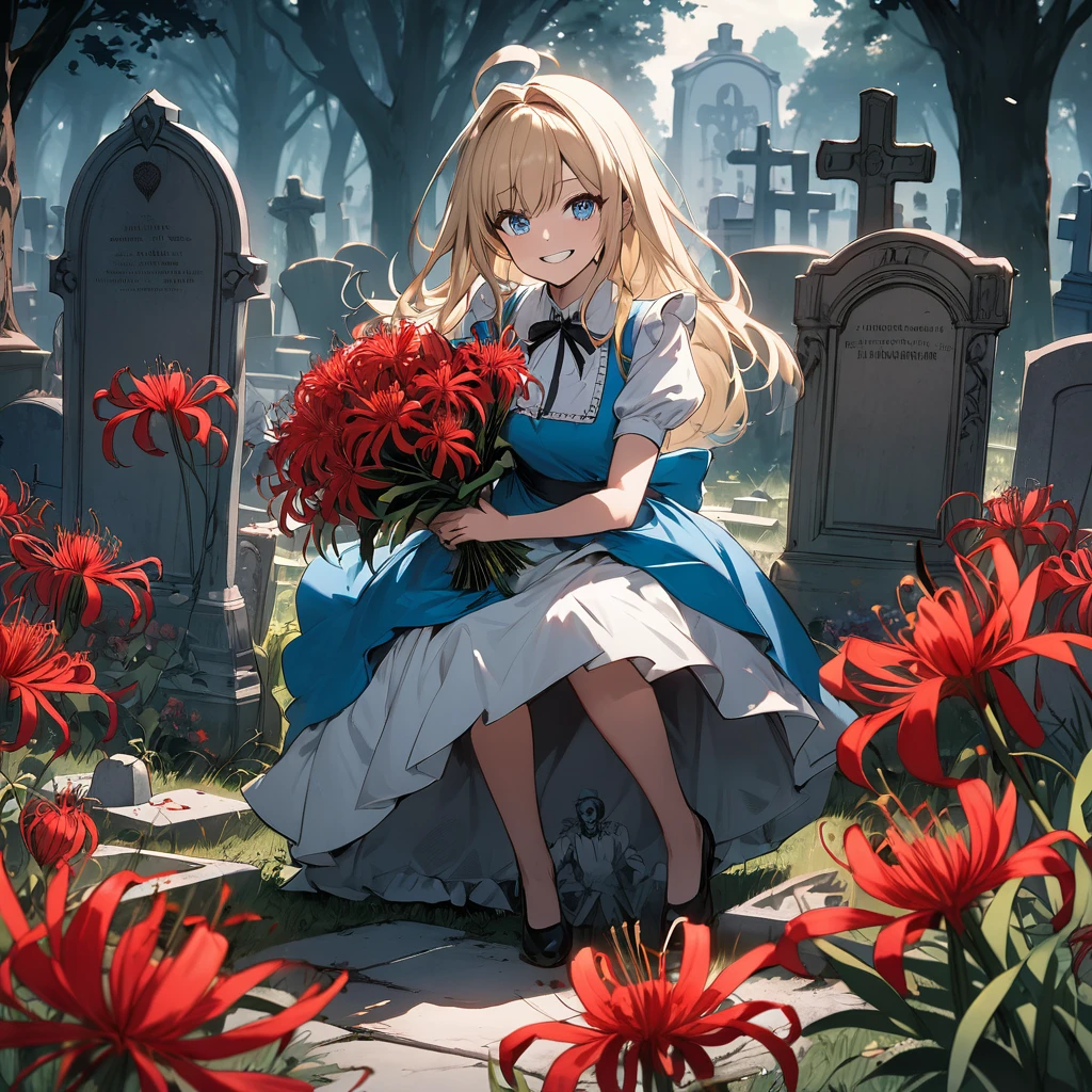 A masterpiece, boldly drawn anime-style illustrations, detailed drawings, humorous and crazy, cinematic lighting, a cemetery, Alice, the heroine of "Alice in Wonderland", visiting a grave, holding a bouquet of red spider lilies in both hands. An invincible smile, even the dead are delighted.