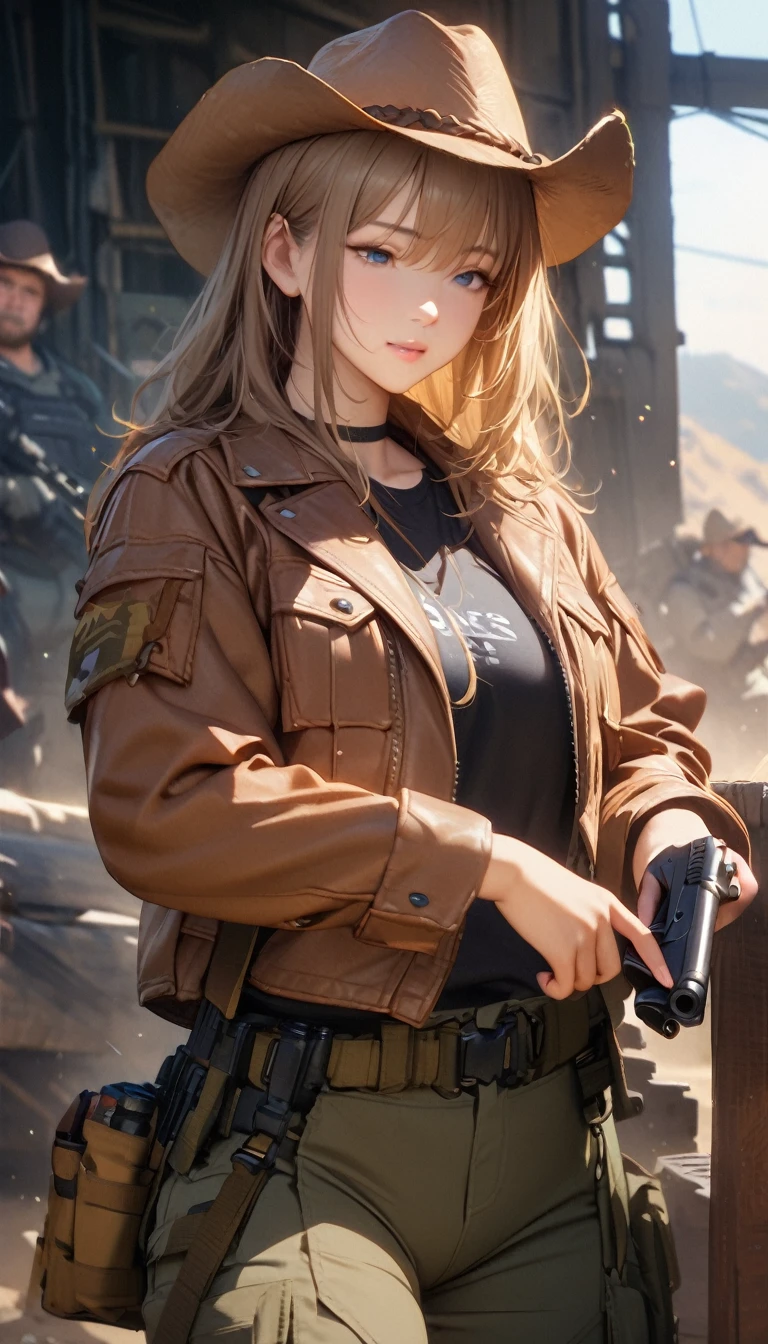 (Highest quality),(Ultra-high resolution),(Very detailed),(The best CG),(masterpiece),RAW Photos, 8k、Realistic、Cool adult woman、score_9、score_8_up、score_7_up、score_6_up、source_アニメ、1girl、Cowboy hat、Dark blonde hair、Shaggy Hair、Black Shirt、tactical pants、Tactical Holder、Brown leather jacket、Paintball、Paint Spot、blue eyes、Aim the pistol、Hold a pistol、Cowboy Shot、masterpiece、Depth of written boundary、