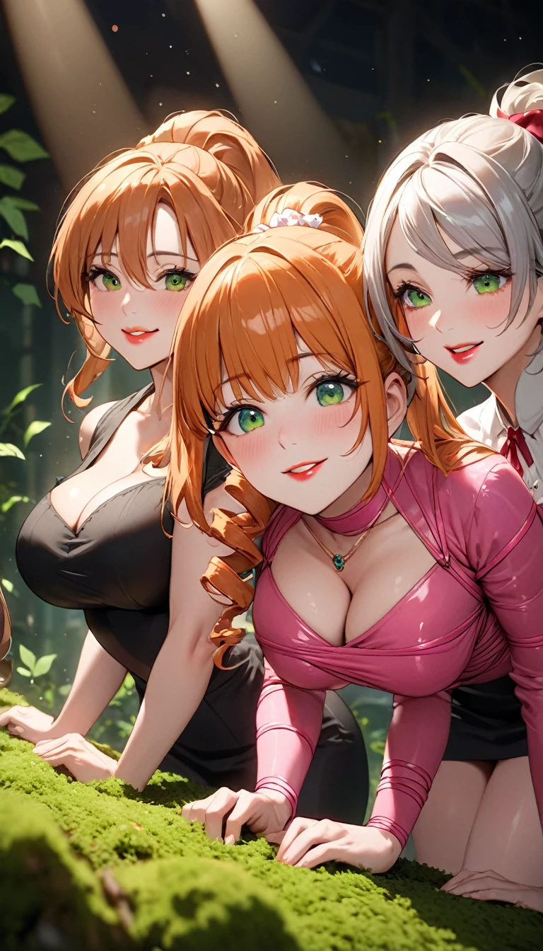 (Highest quality,4K,8k,High resolution,masterpiece:1.2),Very detailed,3 Women、(((Mature Woman))), (((Mature Woman))), Best Bust、Large Breasts, Cleavage、Beautiful Eyes、Orange Hair、Moss green eyes、Red lips, ((ponytail)), (Drill Hair), ((amount)),  Very cute face, Naughty expression、Glossy Lips, Double eyelids on both eyes,Natural smile、Tight waist、(Pink Bondage), Natural Makeup, smile, Long eyelashes, Shiny and smooth hair、expensive、Are standing, Leaning forward, Forward bending, Head Down, Put your hands on your ankles, Low - Angle, ((Cowboy Shot)), Under the mysterious light、Shallow depth of field