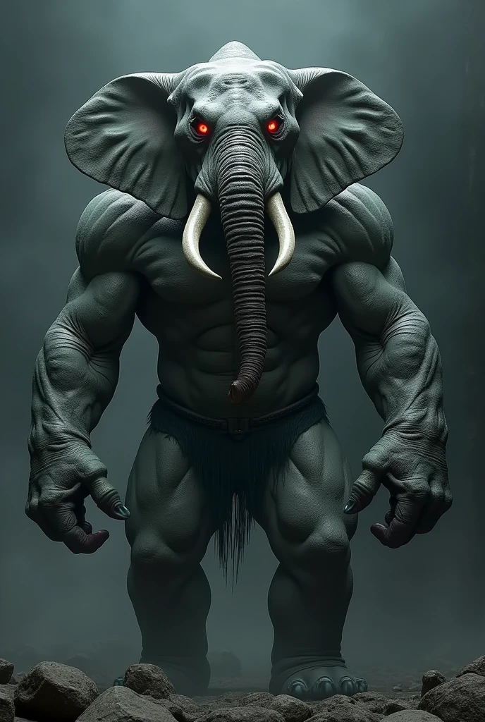 Elephant monster look with monster body and six packs and red eyes 

