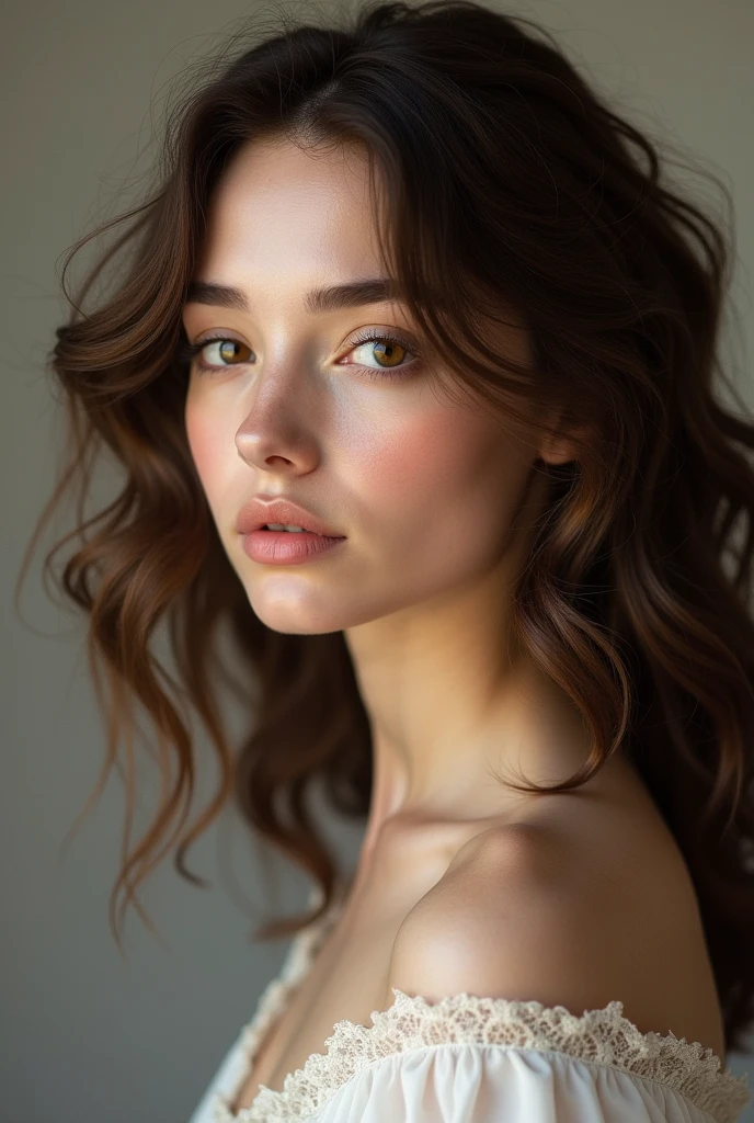 White woman with curly brown hair and honey-colored eyes in profile