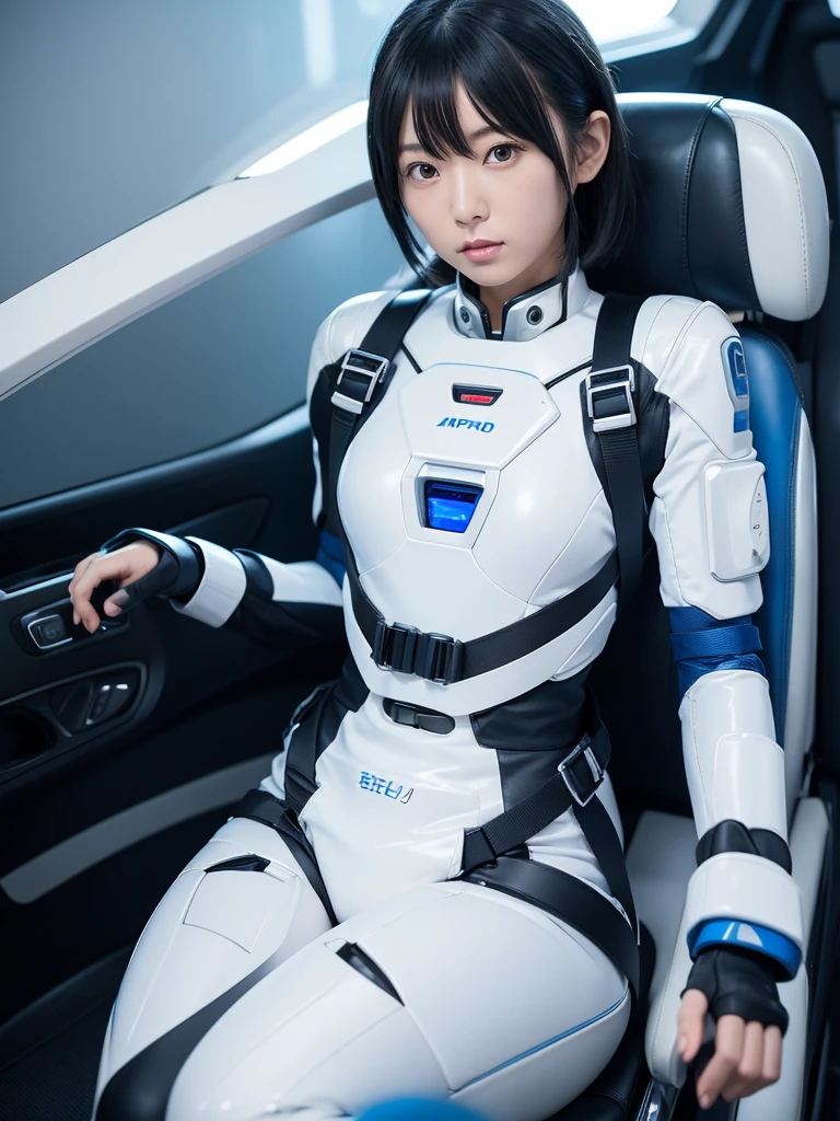 (Ultra-high resolution,Realistic,Highest quality,Photorealistic),(8k,RAW Photos,Highest quality,masterpiece),(Photon Mapping,Radio City,Physically Based Rendering,Auto White Balance),Japanese female android,Black Hair,The spaceship's cockpit,Holding the control lever,Secured to the seat with a thick harness,Plump,Slightly thicker,Squat,White robot suit,There is a control panel on the chest.,Surrounded by machines,