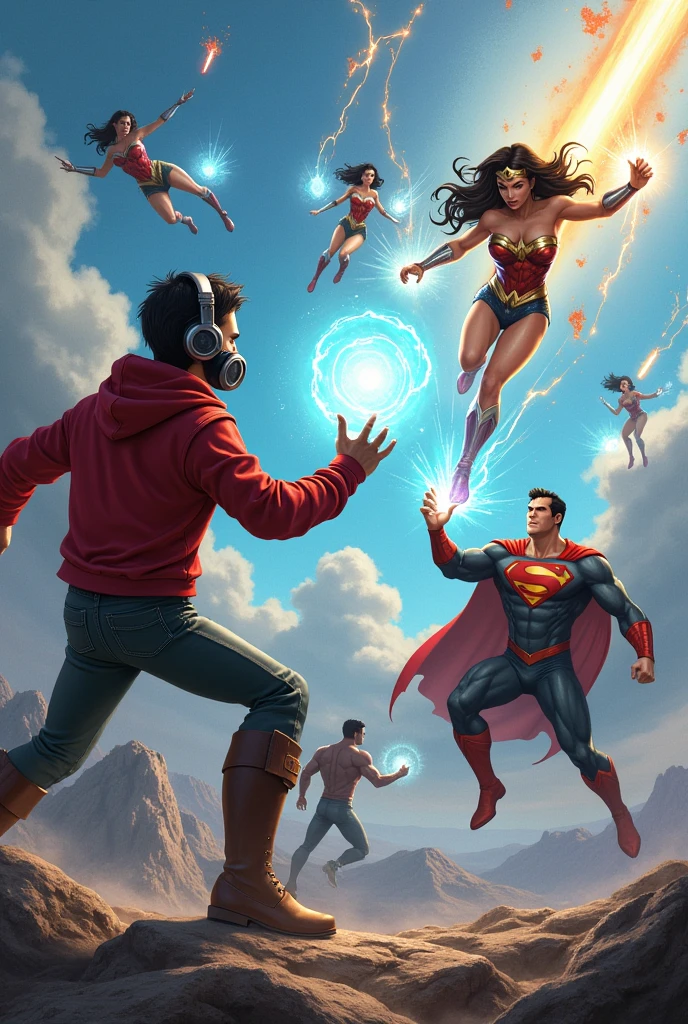 ??? Star-Lord with red hoodie, Rocket boots, headphones, star-lord helmet, gas helmet, Covered mouth, Round & red eyes + Wonder woman, fighting vs superman, + Superman big breasts, perfect body, Busty, realistic, power, Kick, Attack, magic rings in the hands, Fighting, power, fiction, full body, 2 persons, magic lasso, hight, fall, fire in boots, powerful spells, realistic, war, ocean, spells, Cayendo del cielo, sleep