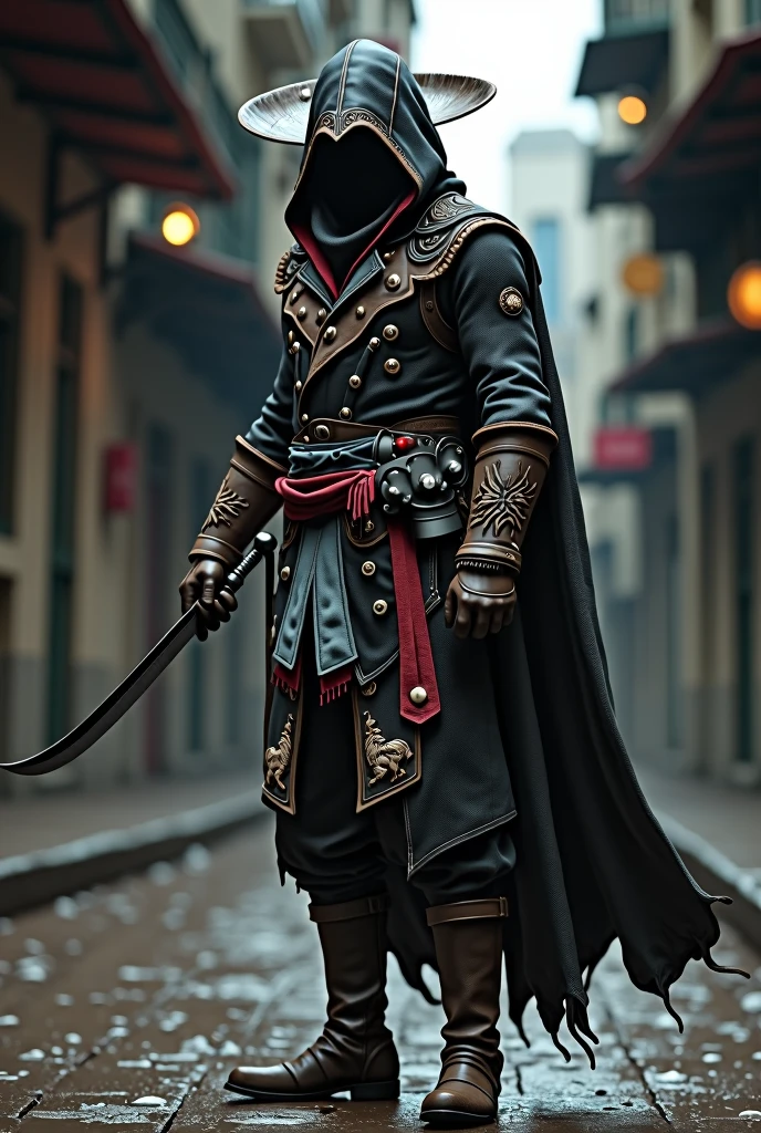 member of the assassins creed assassins wearing a Mexican revolutionary outfit and a hoodie with a retractable blade on his left forearm