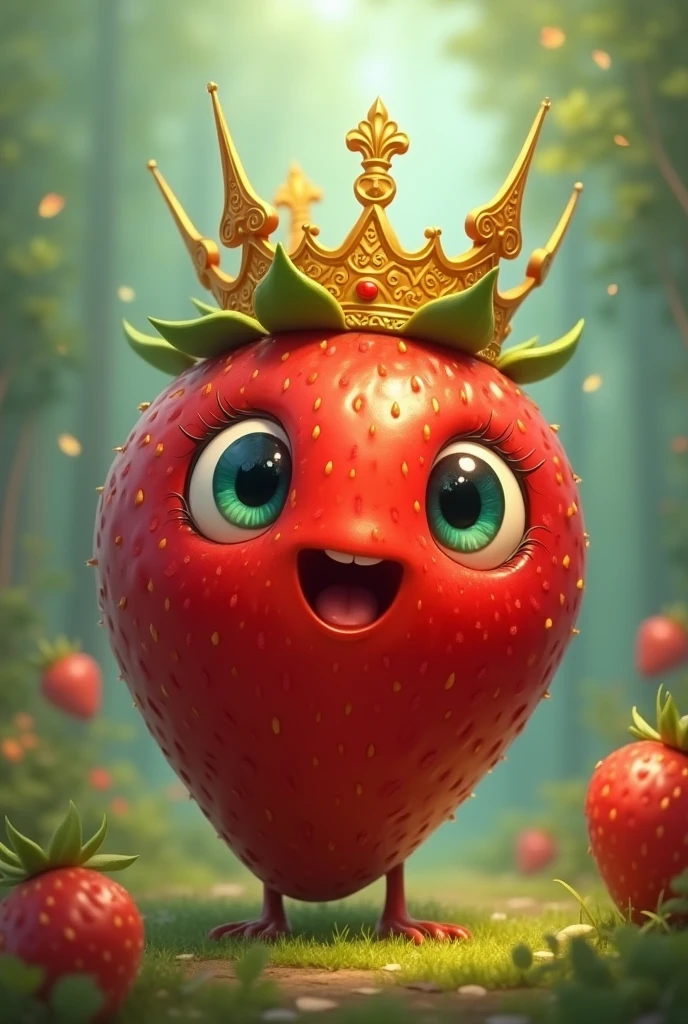 Strawberry that has eyes and wear crown