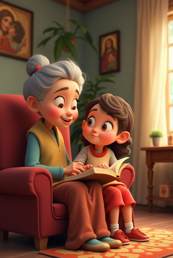 Create 3d  cartoon character image of grandmother sitting with her Grand daughter telling stories about God 