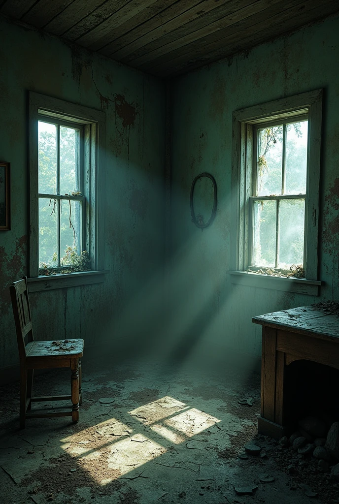 (photorealism:1.2), creepy, dusty, run down, horror fantasy setting, inside old cottage