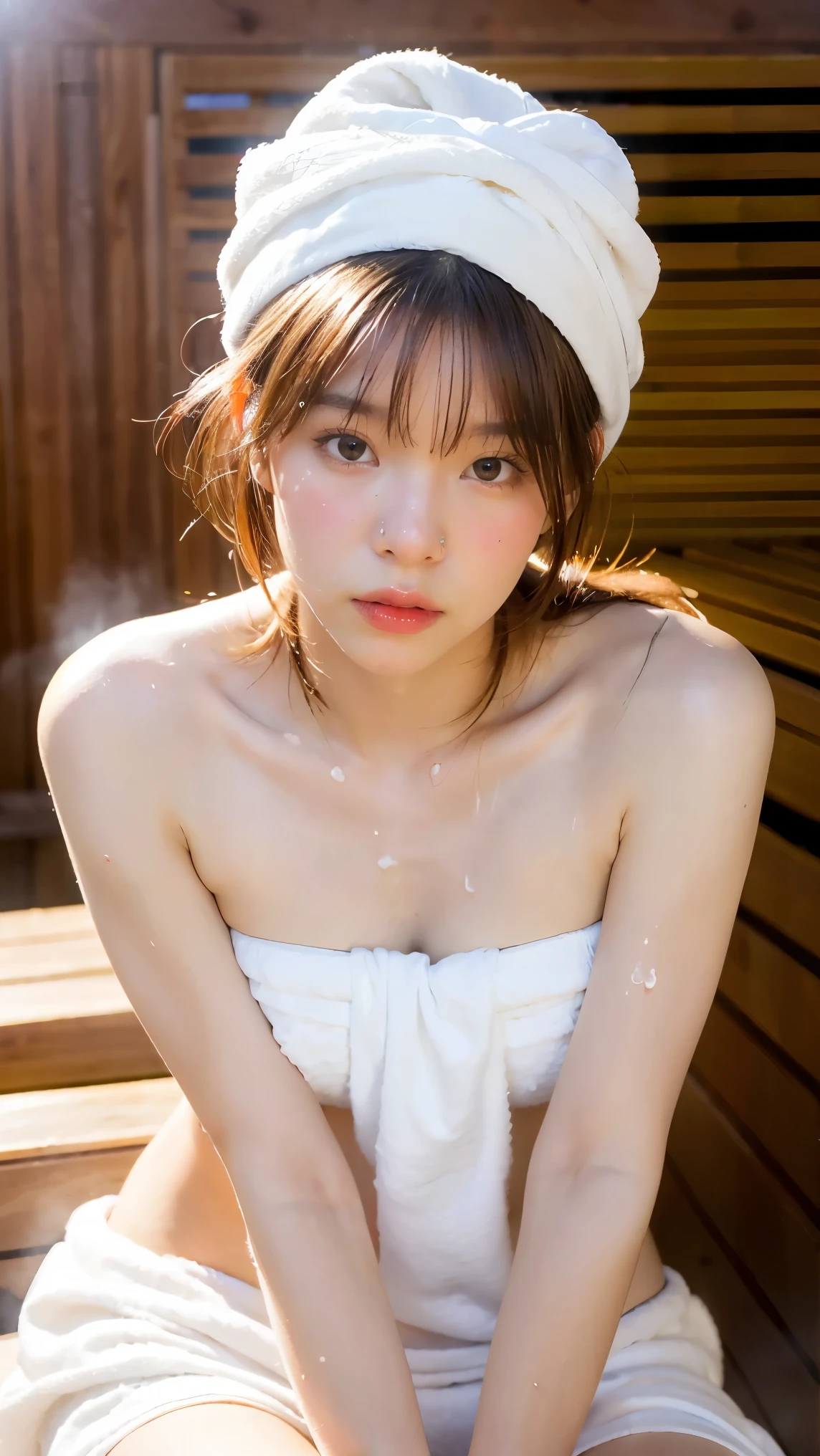 1Girl, Solo, (Masterpiece, Best Quality, 8K,,Photorealistic, real girl, mulberry:1.37), looking up at viewer, 1 dainty Japan, Slender body type: 1.1, Small breasts, Sitting, sauna, Double eyelids, Droopy Eyes, A dark-haired, (Sweaty face, Sweaty body: 1.2): 0.2, (White Oversized Towel Dress, strapless), (small in size, White Towel Turban: 1.1),, realistic body, makeups, Gloss slip, focus on face, smaller face, Sharp focus, Layered Cut, facing the viewer, The sauna has the following.., shot from the front