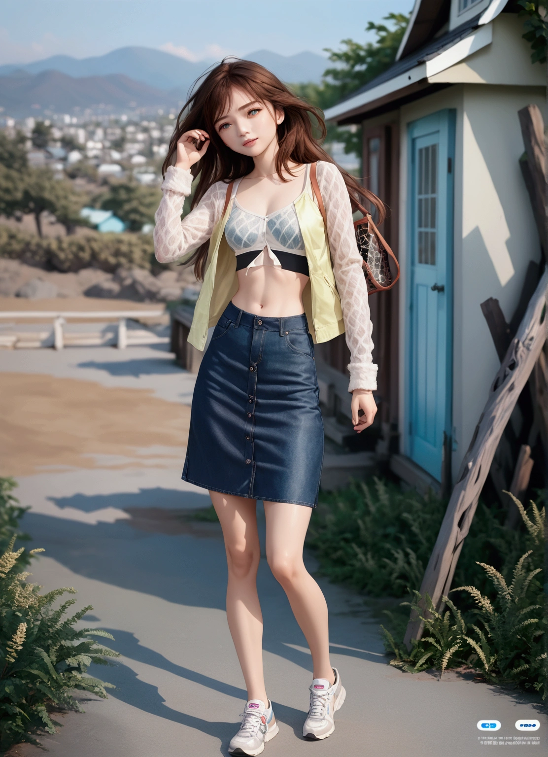 realistic anime illustration of long hair woman is posing at outdoor, wears denim pencil mini skirt, white sneakers, (1girl, solo, full body), (masterpiece, best quality, japanese anime style), (expressive eyes, perfect face, perfect body)