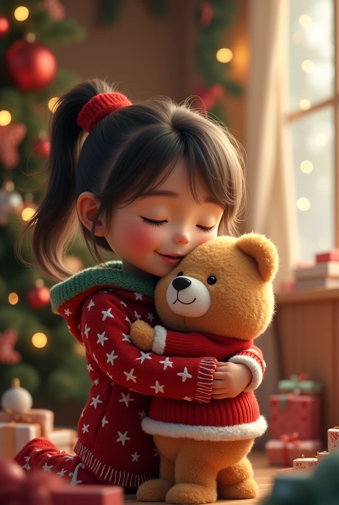 Stuffed teddy bear, teddy bear wearing Christmas clothes, girl holding and smiling at teddy bear, Christmas decorations in the room