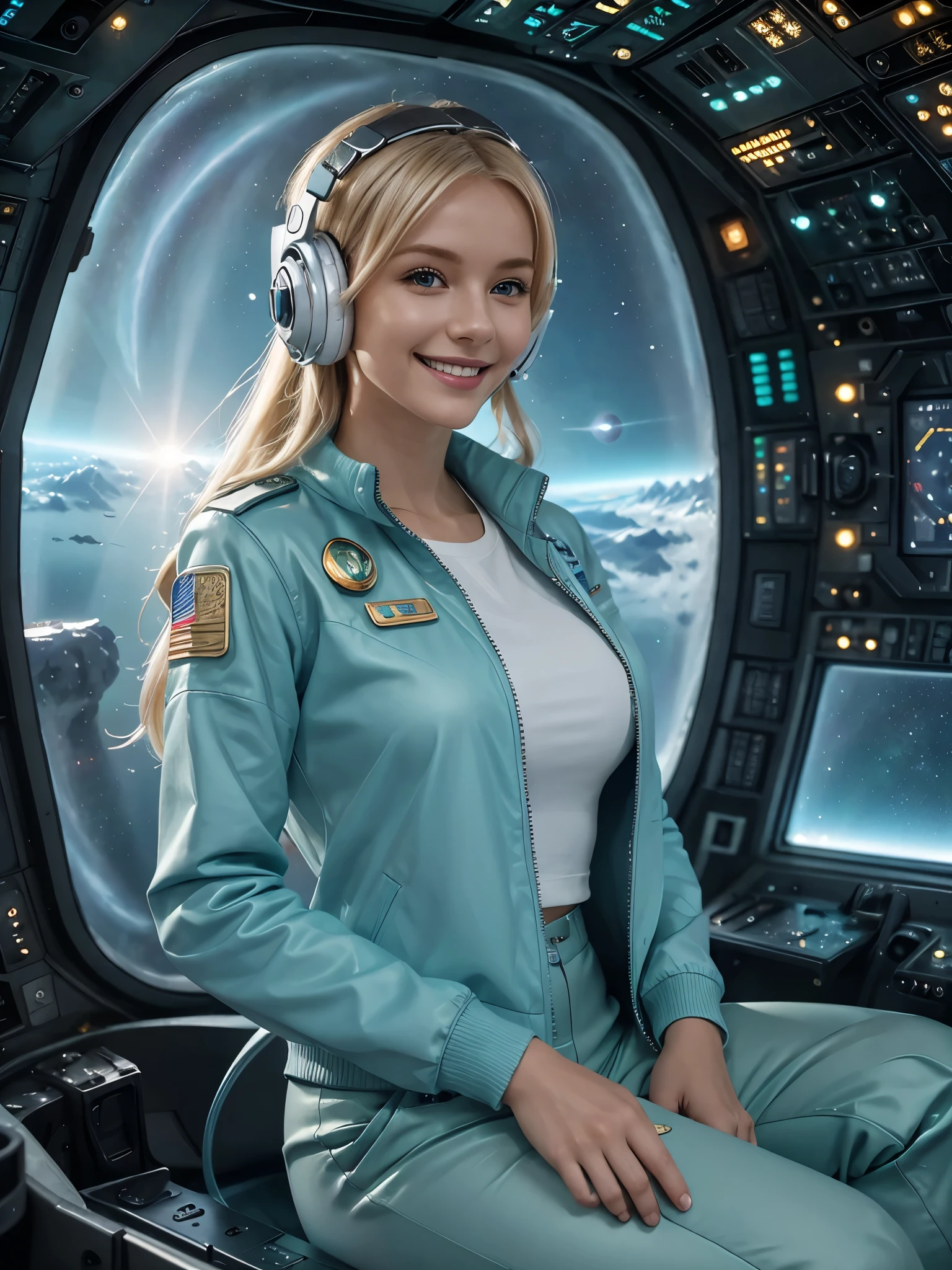 Beautiful blonde woman(best quality,4k,8k,highres,masterpiece:1.2),ultra-detailed,(realistic,photorealistic,photo-realistic:1.37),HD,sky1, stunning detailed, a 30 year old woman in grey cloth trousers, a white shirt and teal jacket white trainers, she is standing in the cockpit of a giant space craft sitting at the controls,  she is smiling at the camera,  she is in a large room, night time through the windows, space nebulas and controls, she is wearing communication headphones and has a gold badge,