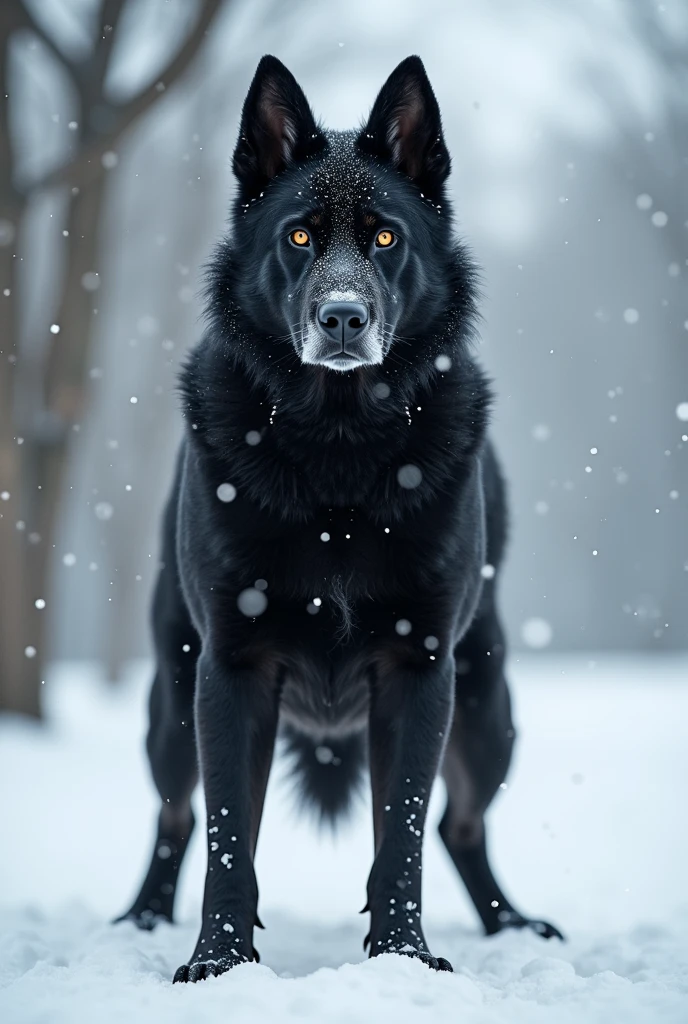 Black dog with shiny eyes in snow