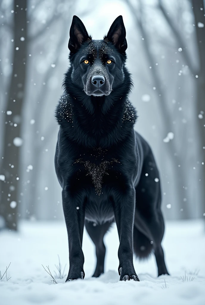 Black dog with shiny eyes in snow