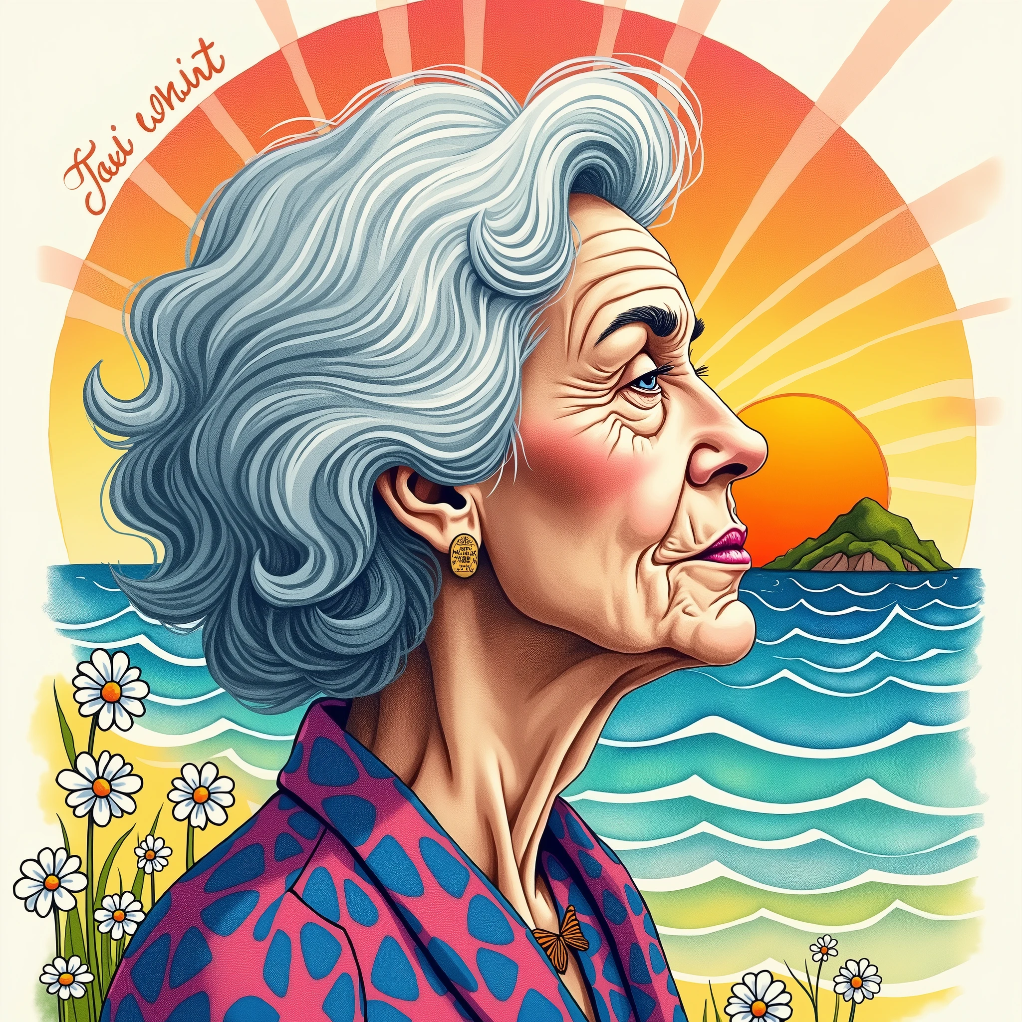 black background,psychedelic, hippie from the 60s hand-drawn aesthetic.center feature watercolor hand drawn silhouette of portrait of an elderly woman in profile,capturing the details of her face, highlighting the wrinkles and contours,Use cool blues and greens for her clothing,depict her hair in various shades of white and gray with subtle blue undertones,behind her is illustration of an island with a rising sun and rays extending outward, stylized waves, in the center. Use playful, tones light blue, yellow green.Incorporate the text 'Old White Women for Harris and Freedom' in bold, rounded typography font with a hand-drawn at the top and below,scattered small daisies