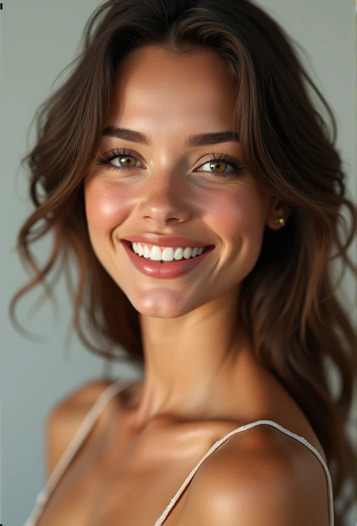 8k, RAW image, best quality, masterpiece: 1.2), (realistic, photorealistic: 1.37), ultra-detailed, ultra high res, 1 woman, looking at the viewer, beautiful detailed face, smile, slim, (thin waist: 1.3), gym shirt, beautiful detailed skin, skin texture, floating hair, professional lighting, well-made big mouth, huge mouth, fleshy mouth, well-drawn mouth