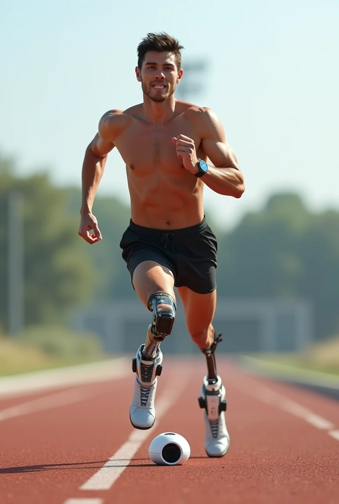 A person with an amputated leg runs with an assistive running device.