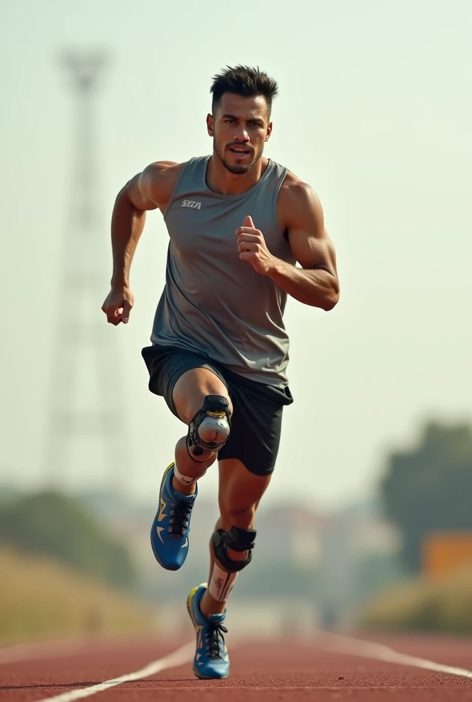 A person with an amputated leg runs with an assistive running device.