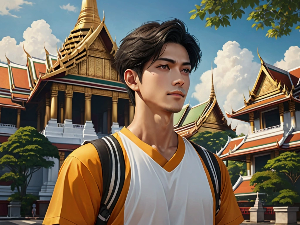 Japanese,2 , handsome, the weather is summer,Wear sporty outfit,(Super detailed, Realistic, best quality, 4K, 8k, High resolution, masterpiece:1.3)The background is Bangkok, Thailand, temple, happy