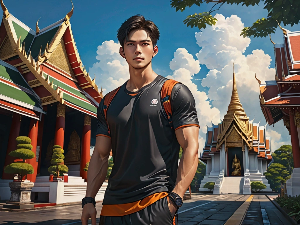 Japanese,2 , handsome, the weather is summer,Wear sporty outfit,(Super detailed, Realistic, best quality, 4K, 8k, High resolution, masterpiece:1.3)The background is Bangkok, Thailand, temple, happy