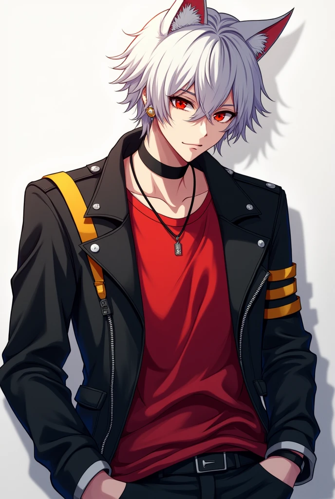 Anime style adult men white very short wavy hair with white cat ear red iris eyes wearing black biker jacket with one yellow stripe pattern on shoulder plain red t-shirt inside wear choker and ear piece wear black pants with white sneaker staring very sexy