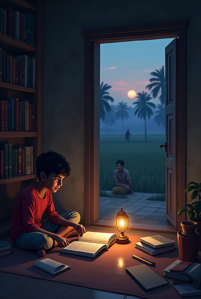 "A small, dimly lit room inside a traditional Indian home. Rahul is sitting on the floor with his books spread out in front of him. A single lamp casts a soft light on his face as he studies diligently. Outside the window, the evening sky is transitioning to night, with the sounds of crickets filling the air. His parents can be seen through an open door, still working in the fields."
